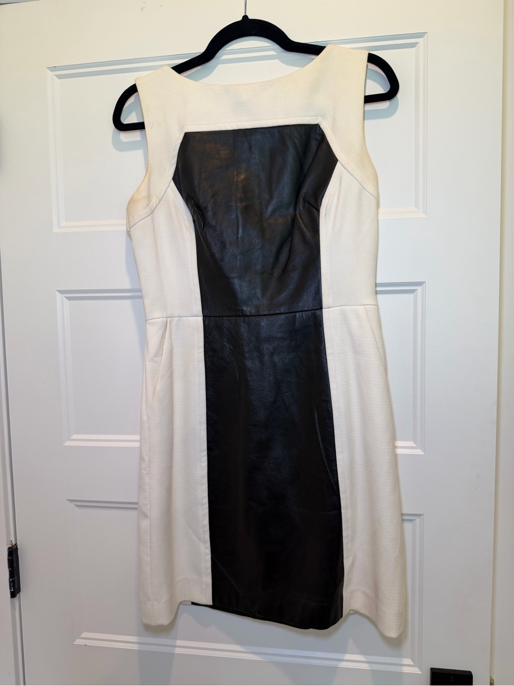 Milly Cream and Black Faux Leather Panel Mini Dress